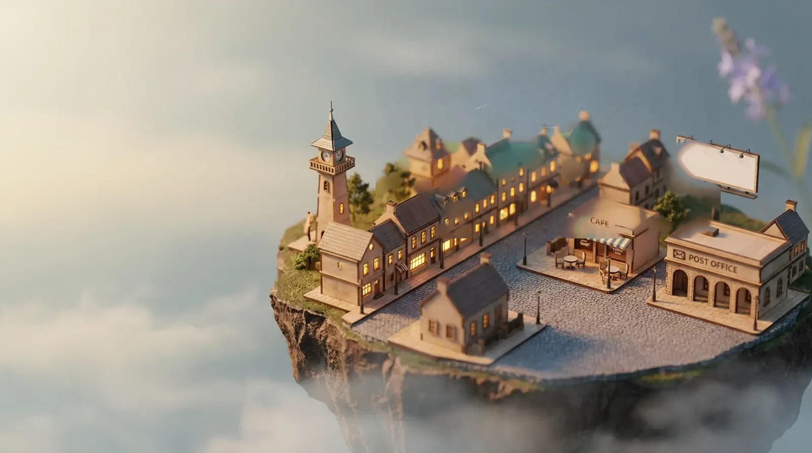 A miniature dawn-lit town on a floating island — the AutomatedMSP growth engine, visualized